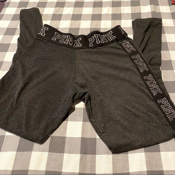 PINK Victoria’s Secret Leggings / Lounge Pants Size Medium Gray & Metallic Logo - Picture 1 of 5